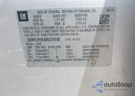 2014 Chevrolet Equinox Ls z USA, uszkodzony, nr VIN 2GNFLEEK4E6374108